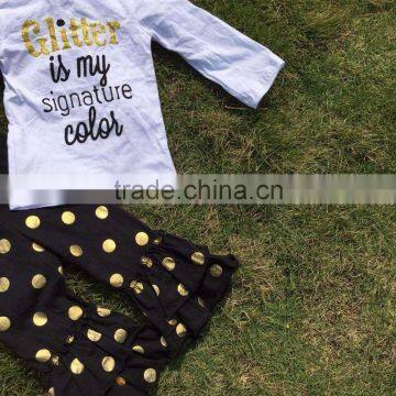 Baby Clothes Boutique Outfits Fall/winter Black Gold Dot Glitter Clothing Pant Long Sleeves Sets With Matching Headband Set photo-2