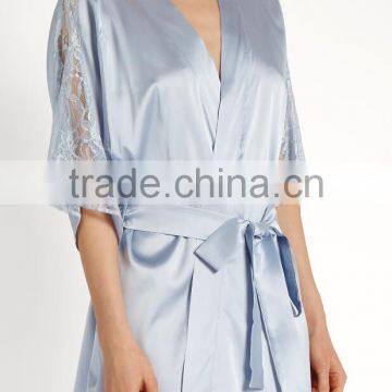 Latest Water Blue Soft Satin Night Robes Womens Half Long Sleeves Wrap Robes photo-3