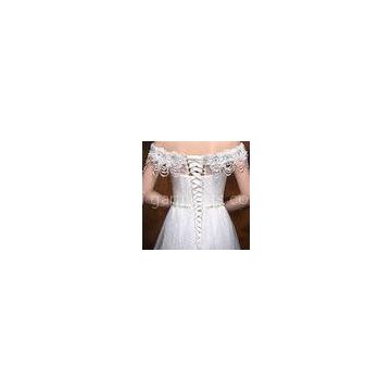 Off Shoulder Beaded Appliques wedding dress with long trains for Girls / Womens