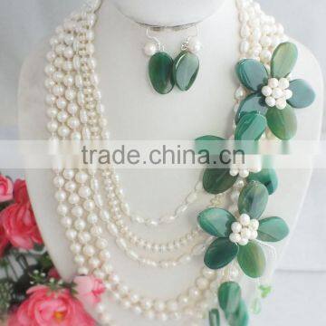 High Quality freshwater white pearl beads and smooth stone flower jewelry set