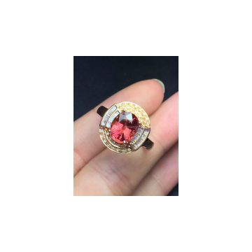 Natural red tourmaline 18k gold ring set with diamonds