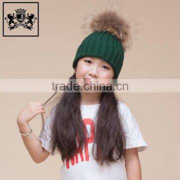 Terse Style Cute Kids Natural Raccoon Fur Pom Poms Knitted Hat