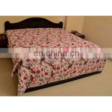 Bird Print Kantha Quilt White Bird of Paradise Kantha Bedcover photo-2
