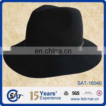 black color 100% wool felt stingy fedora hat with diamond crown and wraped brim