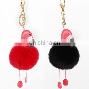 flamingo leather pom pom artificial fur keychain for backpack