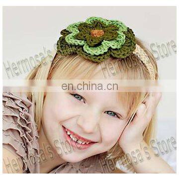 Handmade Knitted Girl Flower Headband,Tan Green Girl Hair Band