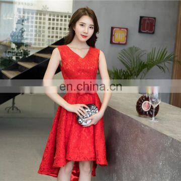 Custom Made Gorgeous V Neck Red Sleeveless Lace-up Bow A Line Hi-lo Elegant Lace Evening Dress