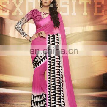 Pink Colored Georgette Satin Printed Saree.