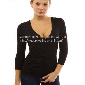 7/10 Sleeve Deep V-neck Wrap-Chest Stretch Sexy Top