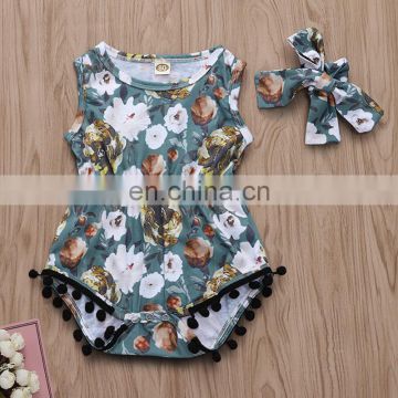 2019 Cotton infant Short Sleeve green tassel Bodysuit + floral Girls bow headband set Infant romper 2Pcs/Set