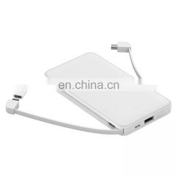 ultra slim small size 10000mAh quick charging build in cable phone power bank for mobile phone