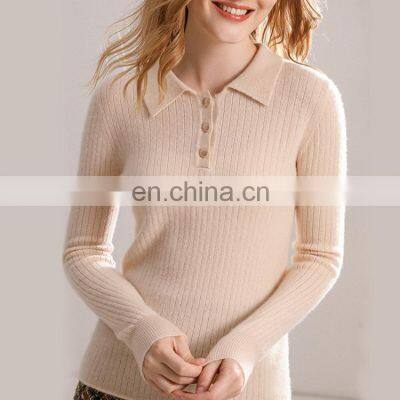 Women Casual Polo Neck Cable Knit Cashmere Sweater With Button photo-4