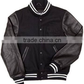 male's black faux leather sleeves with binding varsity jacket