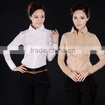 Women's European Cotton Long Sleeve Ruffle Front Pleat Blouse Shirt OEM ODM Type Clothing Factory Manufacturer From Guangzhou