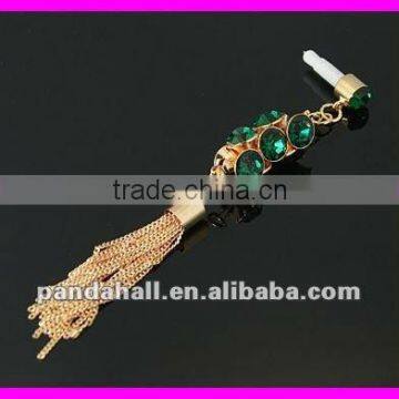 Brass Czech Rhinestone Mobile Mono Dustproof Jack Plugs with Tassels Charms(MOBA-H045-4)