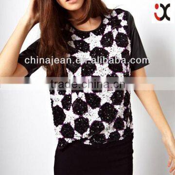 fashion women embellishment leather sleeve t shirts JXT14608