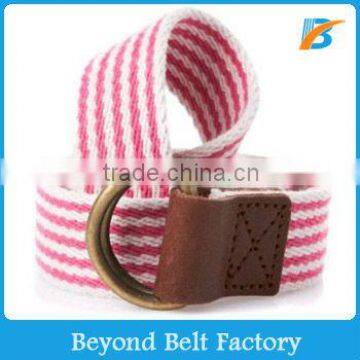 Women's Striped Cotton Canvas Belt with Leather Tab and Double D-rings