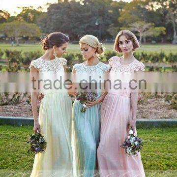 B03 Custom Made O Neck Cap Sleeve Lace Chiffion Bridesmaid Dresses Beach Style A Line Long party dresses for teens