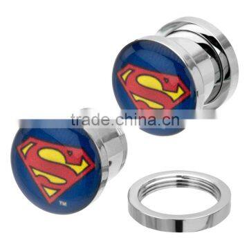 Surgical Steel Superman Logo Screw Fit Ear Plugs Piercing Gauges Earrings