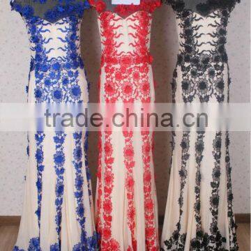 Elegant Embroidery High Neck Cap Sleeve Tulle Long Red Evening Dress photo-4