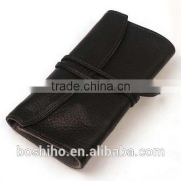 Hot wholesale genuine leather lichee grain rolling pencil bag case