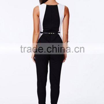 Sleeveless Contrast Color Sexy Style Belt Waist Long Jumpsuit photo-3