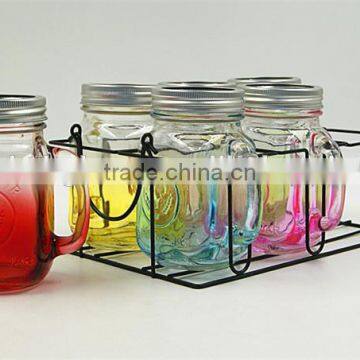 Clear Handle Glass Mason Jars Mugs set with metal basket