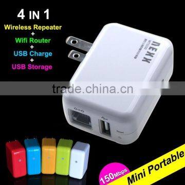 4 in 1 mini portable wireless repeater and wifi router with charge device storage function