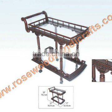 Wooden Finely hand carved tea trolly in antique Matt Finish,Rosewood Tea Trolley,Wooden Tea Cart