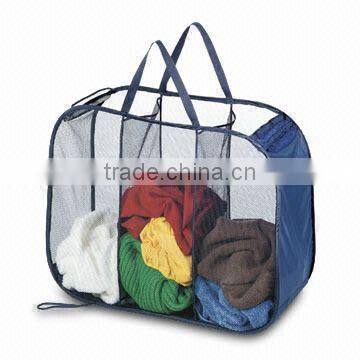 Folding Mesh 3 Compartments Laundry Hamper Wire Laundry Basket