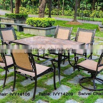 outdoor furniture 6-seating rectangular dining table and chair set in cast aluminum frame sling fabric swivel rocking chair