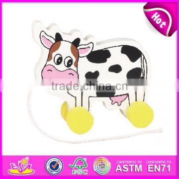 2016 hot sale Wooden Lovely Cow Pull Along Toy,popular Cute wooden cow shape toy,wholesale cheap kid wooden animal toy W05B067