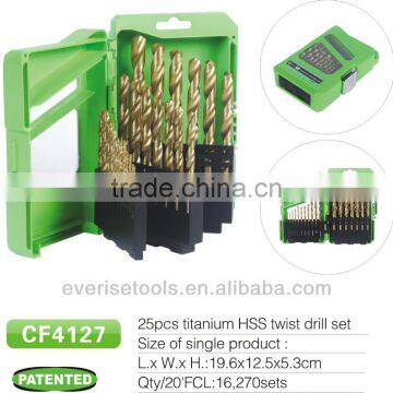 25pcs HSS titanium twist drill bit set in plastic case