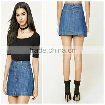 Woman high waist A line button down blue denim short short skirt no underwear