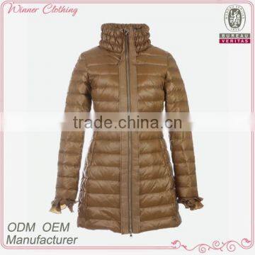 garment/apparel manufacturer frill chin collar ruffle cuff with zipper back down feather new design coat