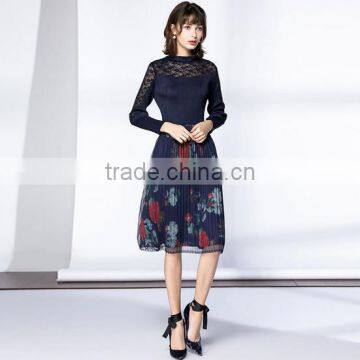 Pleat large sized spring lace splicing printed dress for women