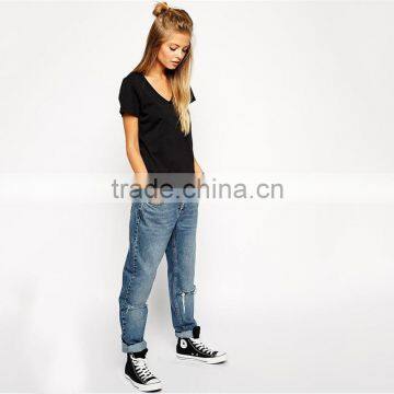 OEM Service 100% Cotton v Neck Short Sleeve Women t Shirt Plain no Brand T-shirt photo-3