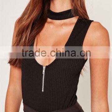 MGOO 2017 Wholesale Zip Up Front Black Bodysuits Ribbed Chocker Neck Fashion Cheap Sleeveless Blouses Custom Design photo-5