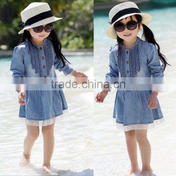 Fashion Kids Denim Blue Flower Lace Single-breasted Long Sleeve Girls Formal Dresses 20009 photo-2