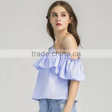 HOT Style Plaid Flouncing Short Sleeve, Women Sexy One-shoulder Blouse photo-5