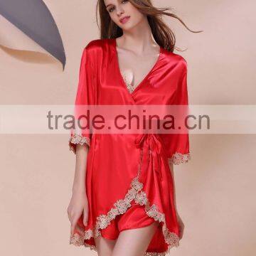 Ms Summer Sexy Female Emulation Silk Pajamas, Silk Nightgown Embroidered Condole Shorts Long-sleeved Gown Three Suits photo-3