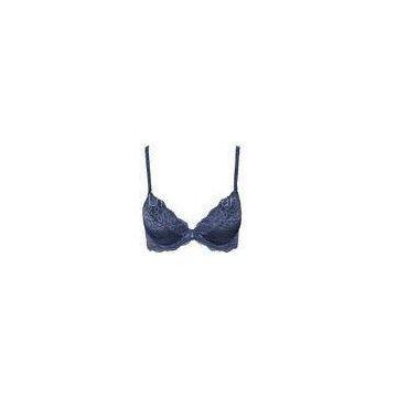 Navy Blue Padded Push Up Bras Gel Padding Plounge Jacquard Satin / High Grade Lace