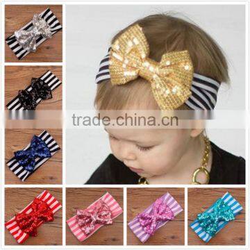 In stock baby large bow turban headband , girls gold sequin bow headband M5062409