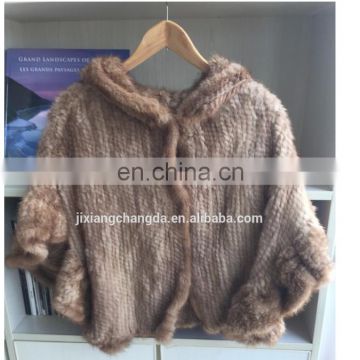 Knitted muskrat fur cape shawl with hood