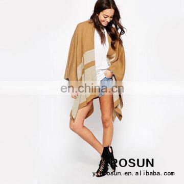Khaki stripe pattern woolen poncho soft warm GuangZhou supplier