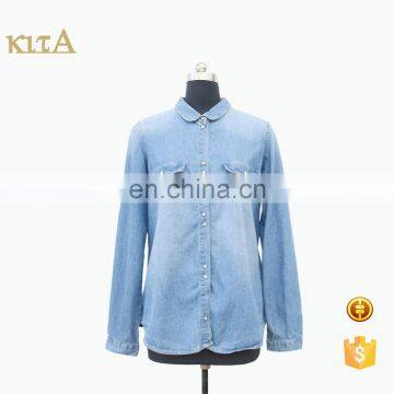 Women Girl Young Vintage Classic Long Sleeve Blue Button Down Denim Blouse