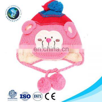 Cute fashion pink monkey kintted baby winter hat custom warm soft crocheted hat