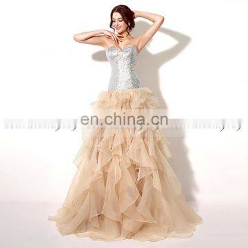 High Quality Champagne Sequins Organza Silver Cascading Ruffles Lace-up Prom Dresses