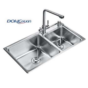 Guangdong Dongyuan Kitchenware 840×470×210mm POSCO SUS304 Stainless Steel Double Bowl Above Counter Drawn Workstation Kitchen Sink (DY-543)