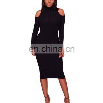 2020 New Arrivals Women Solid Color Fashion Casual Dresses Ladies Long Sleeve Turtleneck Off Shoulder Dresses Women Autumn Dress photo-3